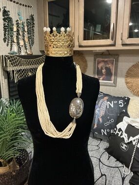 Vintage 80’s Cream Beaded Multi-Strand Necklace with Silver Statement Pendant
